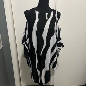 Black and White Striped Cold Shoulder Top